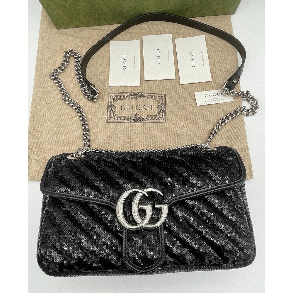 NEW GUCCI MARMONT SEQUIN LEATHER BLACK CROSSBODY SHOULDER BAG PURSE AUTH BOX!